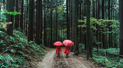 A back view of siblings in matching raincoats, wandering in a dense, green forest, one sibling holding a large umbrella, creating a cozy and adventurous mood. Children in nature.