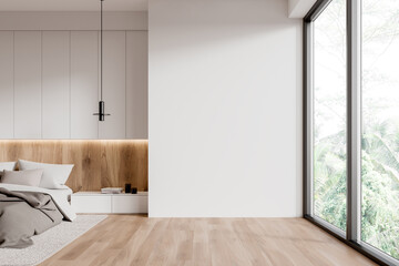 Modern bedroom interior with bed and blank wall, light wood floor, home decor concept.  3D Rendering