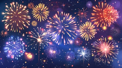 Naklejka premium Night of celebration with beautiful colorful fireworks, night sky of festivals time, Happy new year with vivid firework exploding background, abstract anniversary with pyrotechnics scene.