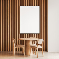 Wooden cafe interior with chairs and dining table. Mockup frame