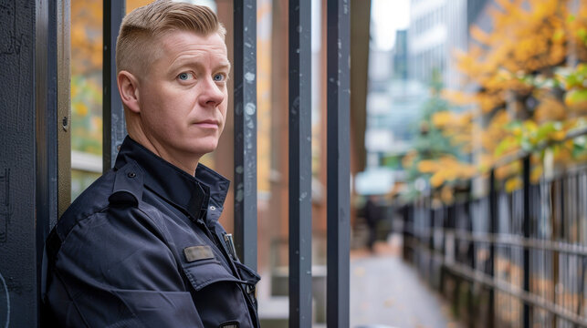 Middle-Aged Male Security Portrait, Professional Environment, Diverse Workforce, Corporate Photography, Team Collaboration, Engaged Employees, Authentic Work Settings.