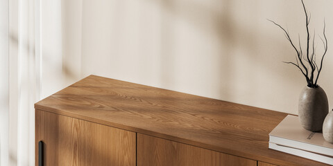 Top view of living room interior with empty space on sideboard with decoration
