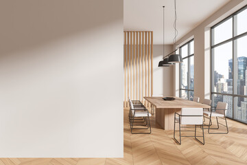 Home living room interior with dining table and chairs, window. Mockup wall