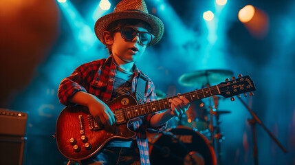 Obraz premium Little kid rock star playing electronic guitar on stage
