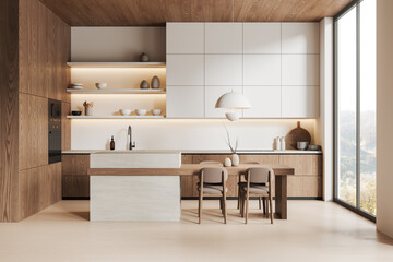 Wooden home kitchen interior with bar island and chairs, cabinet and window