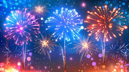 Fototapeta premium Night of celebration with beautiful colorful fireworks, night sky of festivals time, Happy new year with vivid firework exploding background, abstract anniversary with pyrotechnics scene.