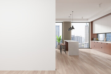Modern home kitchen interior with bar island and cabinet, window. Mockup wall
