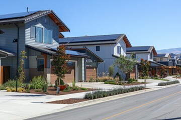 Modern Sustainable Residential Street with Solar Panel Homes and Green Design Elements