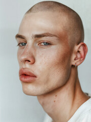 Obraz premium Bald young man with a bright personality. Stylish bald-headed person on white background