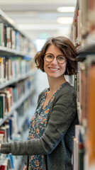 Smiling Librarian Amid Books, Professional Environment, Diverse Workforce, Corporate Photography, Team Collaboration, Engaged Employees, Authentic Work Settings.