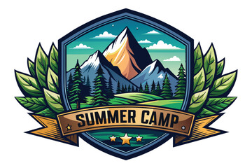 summer camp symbol. mountains and hills badge vector, mountaineering sticker emblem