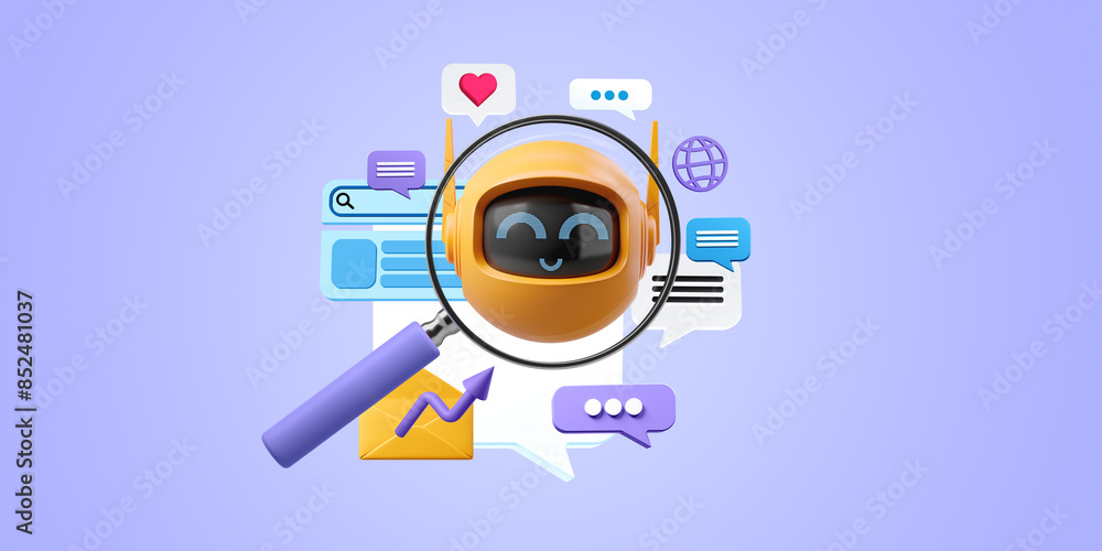 Poster robot icon and magnifying glass with internet browser and web windows