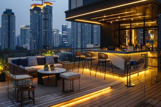Chic Rooftop Bar with Solar Lighting Overlooking City Skyline for Elegant Evening Gatherings