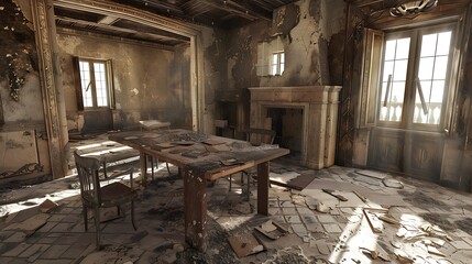 Rustic abandoned dilapidated new luxury home with broken table very detailed and realistic shape