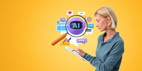 Woman finger touch tablet, robot and internet icons with magnifier