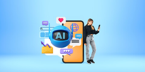 Fototapeta premium Woman using smartphone, standing near screen with robot and internet icons