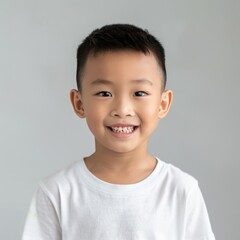 A young boy with a white shirt and short hair is smiling