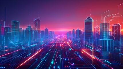 Futuristic of digital smart city with neon light and technology background, network connection and communication concept, virtual reality, with Generative Ai