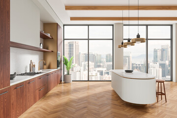 Modern kitchen with wooden cabinets and island, bright city view through large windows, light concept.  3D Rendering