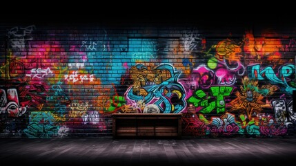 Photograph of a black brick wall adorned with colorful graffiti art, creating a vibrant contrast against the dark