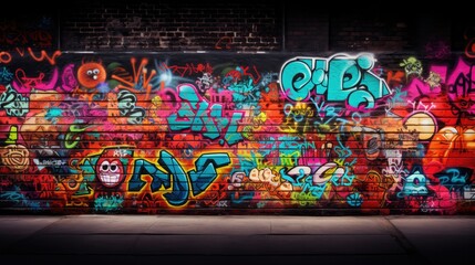 Photograph of a black brick wall adorned with colorful graffiti art, creating a vibrant contrast against the dark