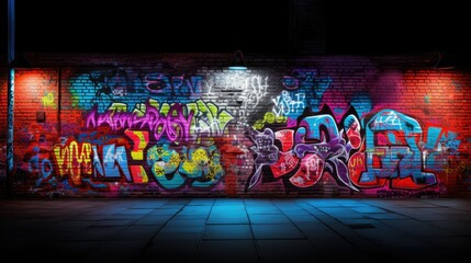 Photograph of a black brick wall adorned with colorful graffiti art, creating a vibrant contrast against the dark