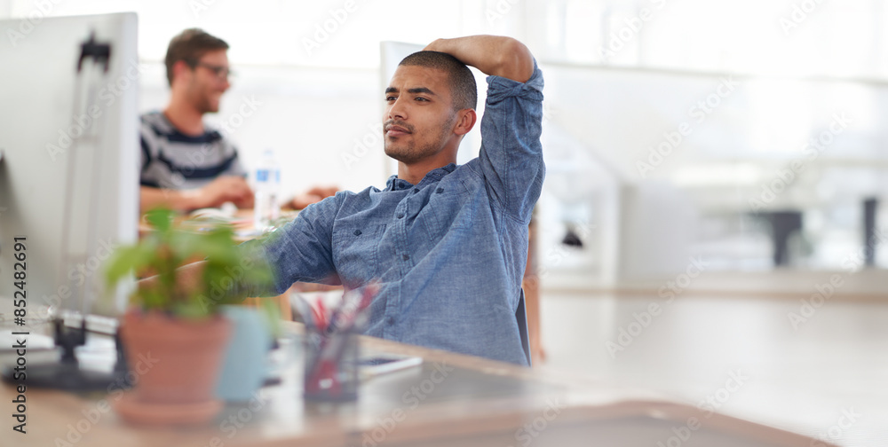 Fototapete Startup, thinking or man on computer for information technology, problem solving or online firewall. Creative technician, programming upgrade or web developer typing for troubleshooting or solution