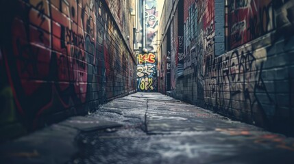 Fototapeta premium Photograph of a grunge-style urban alleyway featuring graffiti-covered concrete walls and gritty textures