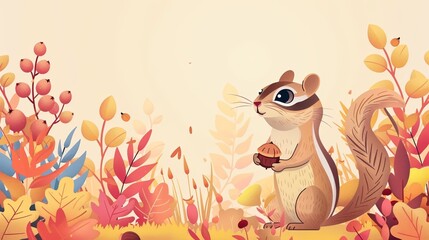 Fototapeta premium A cute chipmunk holds an acorn in a colorful autumn forest.