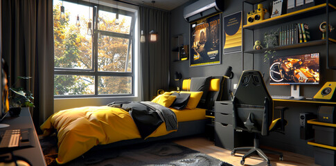 A black and yellow bedroom with bed, desk, chair, night stand, gaming setup