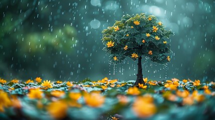 A lone tree stands tall in a field of yellow flowers, bathed in the soft glow of a gentle rain. - Powered by Adobe