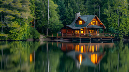 Fototapeta premium Lakefront Cabin with Lights On Illustration