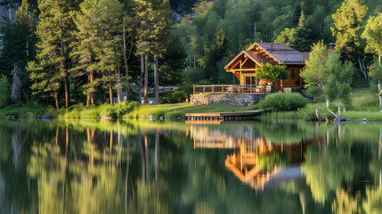 Peaceful Cabin by the Lake with Reflections Photo