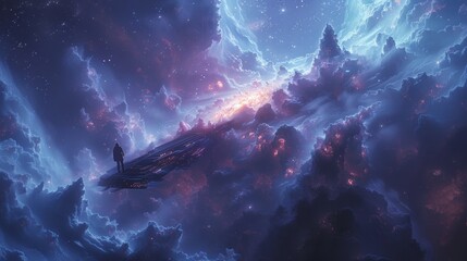 Obraz premium Cosmic explorer, floating in nebulas, adventurous, cosmic spaceship, ethereal serenity, surrealism, soft celestial glow, cosmic blue palette, Nebula Vision