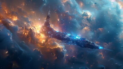 Fototapeta premium Cosmic explorer, floating in nebulas, adventurous, cosmic spaceship, ethereal serenity, surrealism, soft celestial glow, cosmic blue palette, Nebula Vision