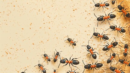 A swarm of ants marching across a light beige surface.  Photo of an ant colony on a light beige background.