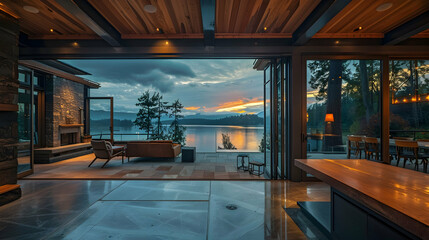 Naklejka premium Modern Home Interior with Large Windows Overlooking Sunset Lake View - Photo