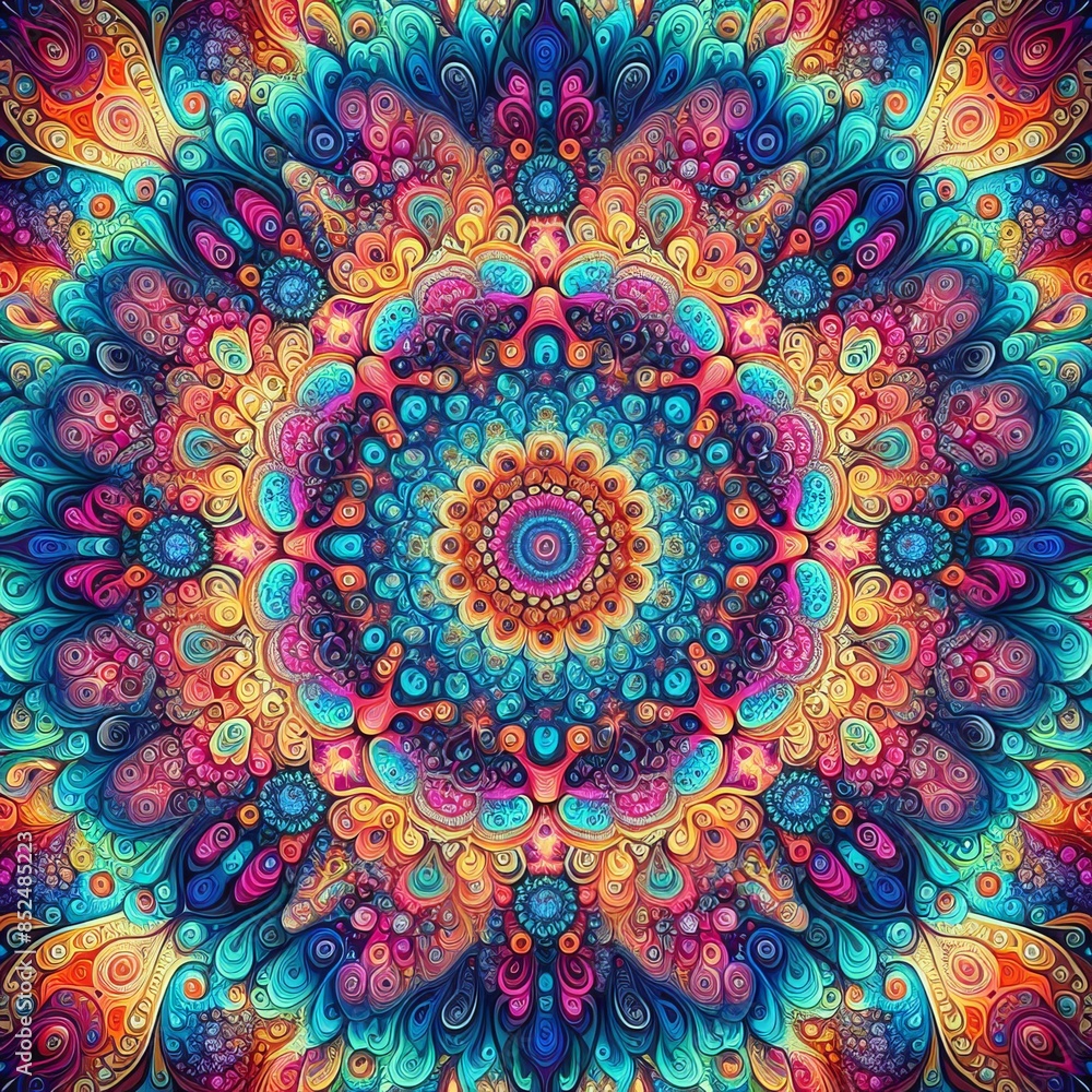 Poster vivid and mesmerizing psychedelic mandala artwork featuring intricate patterns and vibrant colors. p
