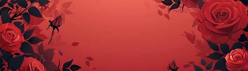 Red roses border a red background with copy space.
