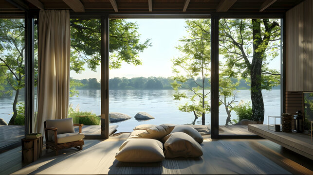 Fototapeta 3D Illustration of a Modern Cabin with a View of a Lake and Forest