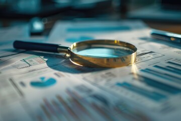 Magnifying glass and documents with analytics data lying on table,selective focus
