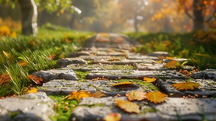 Fototapeta premium Stone boardwalk in a bright field during autumn with fallen leaves on the ground very detailed and realistic shape
