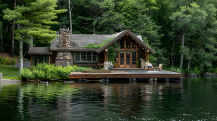 Fototapeta premium Rustic Log Cabin on the Lake - Waterfront Retreat with Stone Fireplace and Deck