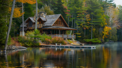 Autumnal Cabin by the Lake - A Realistic Photo