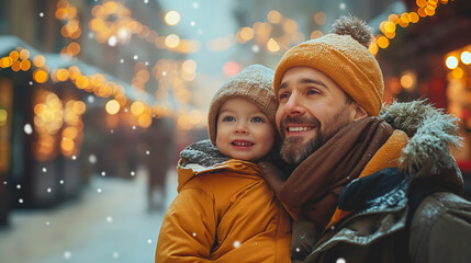 A father and son walk through a snowy street lined with festive lights, both smiling with joy and wonder as they enjoy the wintery ambiance