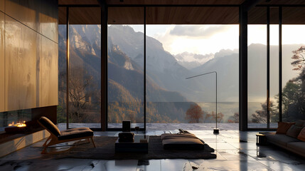 Modern Minimalist Living Room with Mountain View 3D Illustration