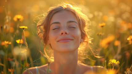 Fototapeta premium A woman with eyes closed smiles softly, surrounded by yellow flowers in a sun-drenched field