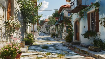 Fototapeta premium Streets and houses in old village on a beautiful view very detailed and realistic shape
