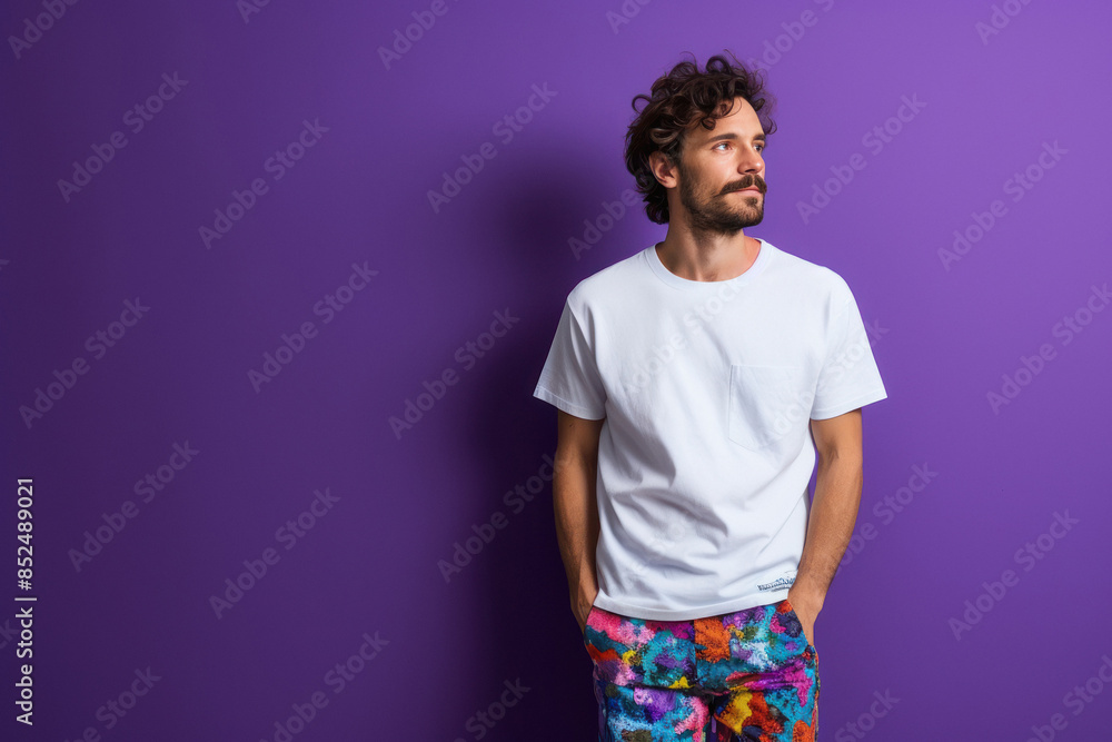 Wall mural man wearing your colour block print t-shirt, purple background - Wall murals