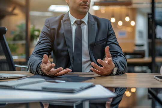 Businessman gesturing during a meeting in a modern office